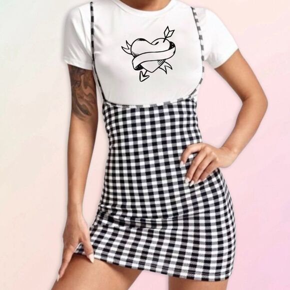 Gingham, Body Con, Mini Skirt Jumper - Picture 2 of 13